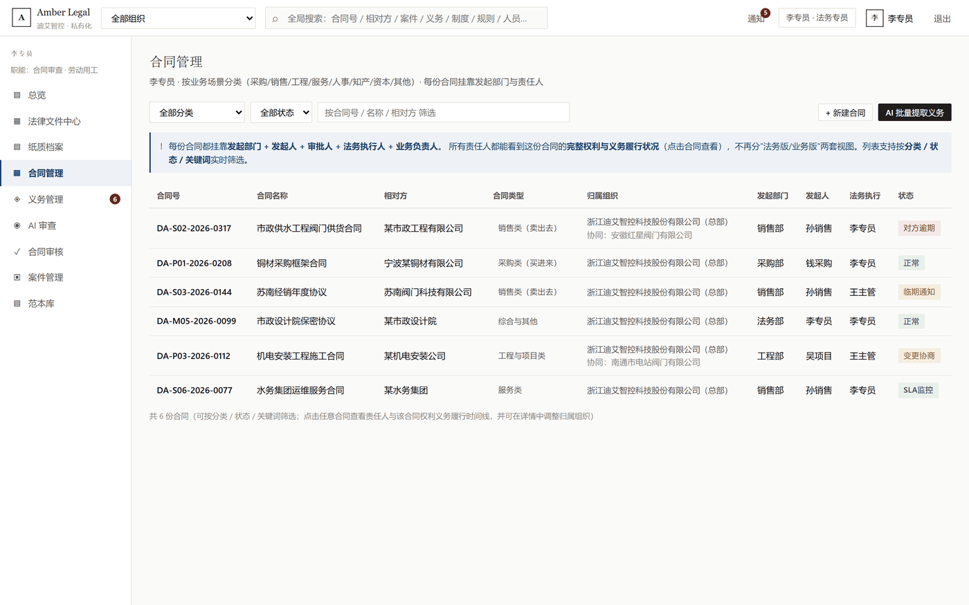 合同管理界面：全生命周期状态可视